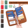A brown passport wallet is shown open, displaying multiple passports and credit cards, with a hand holding it.