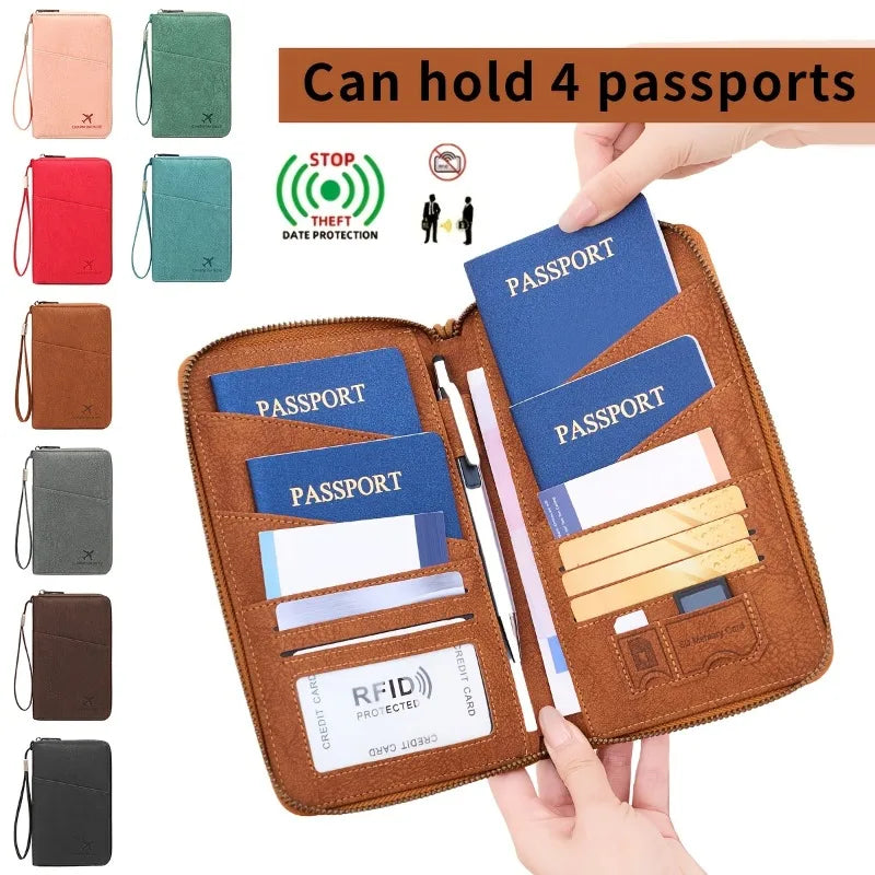 A brown passport wallet with a wrist strap is shown, holding four passports and credit cards.