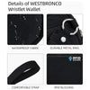 Détails d'un porte-monnaie West Bronco noir : tissu imperméable, anneau métallique durable, sangle confortable et blocage RFI