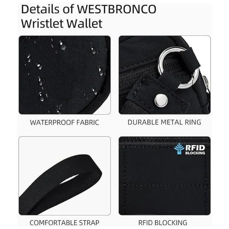 Détails d'un porte-monnaie West Bronco noir : tissu imperméable, anneau métallique durable, sangle confortable et blocage RFI