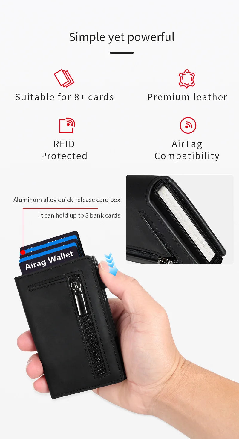 A hand holds a black minimalist magnetic wallet with a zipper, demonstrating its RFID protection and leather quality.