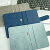 A set of three elegant RFID blocking passport holders in shades of blue and gray.