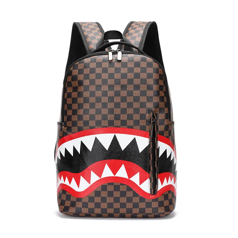 A brown and black checkered plaid laptop backpack with a red and white tooth pattern design.