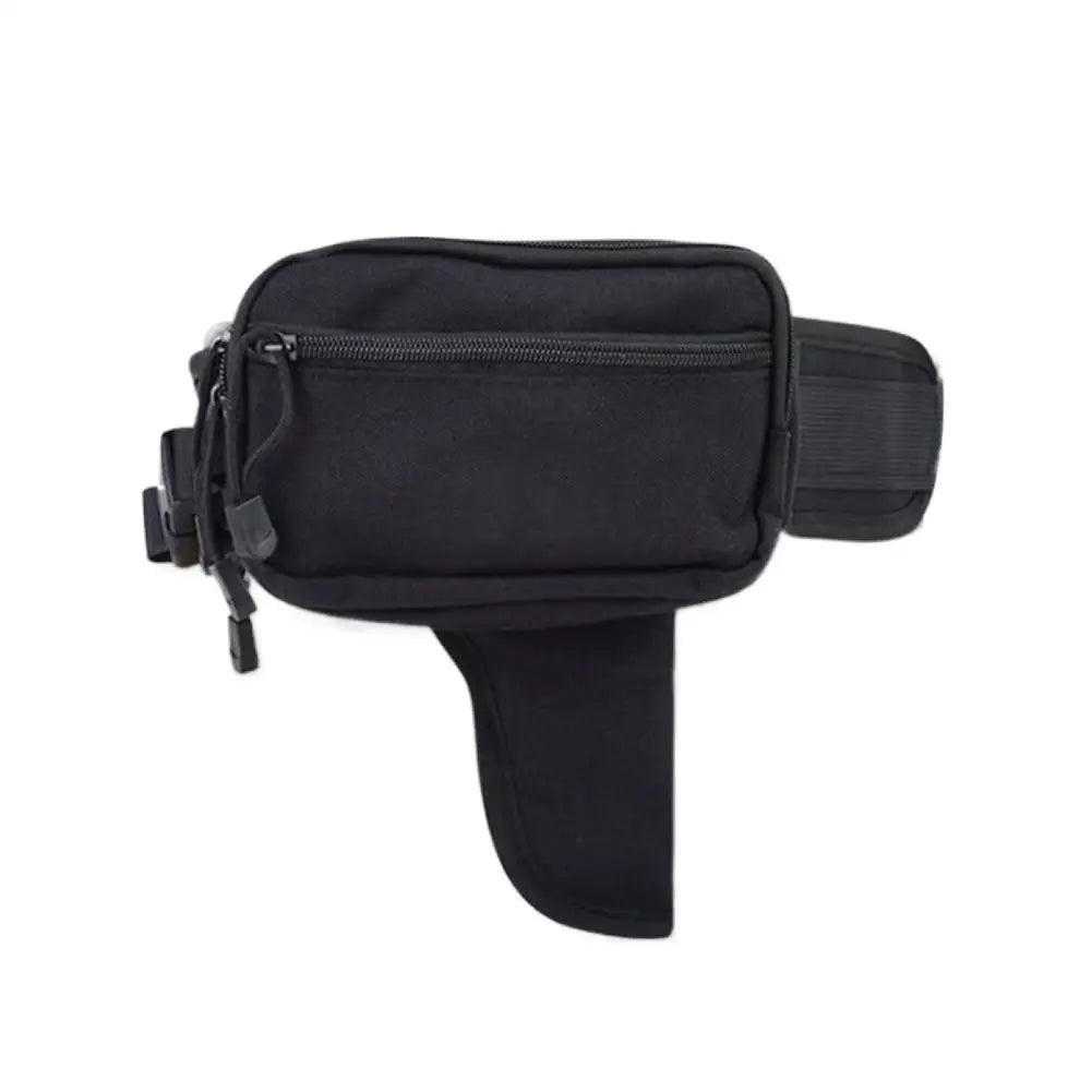 Black tactical concealed carry waist pack with a zippered pouch and adjustable strap.