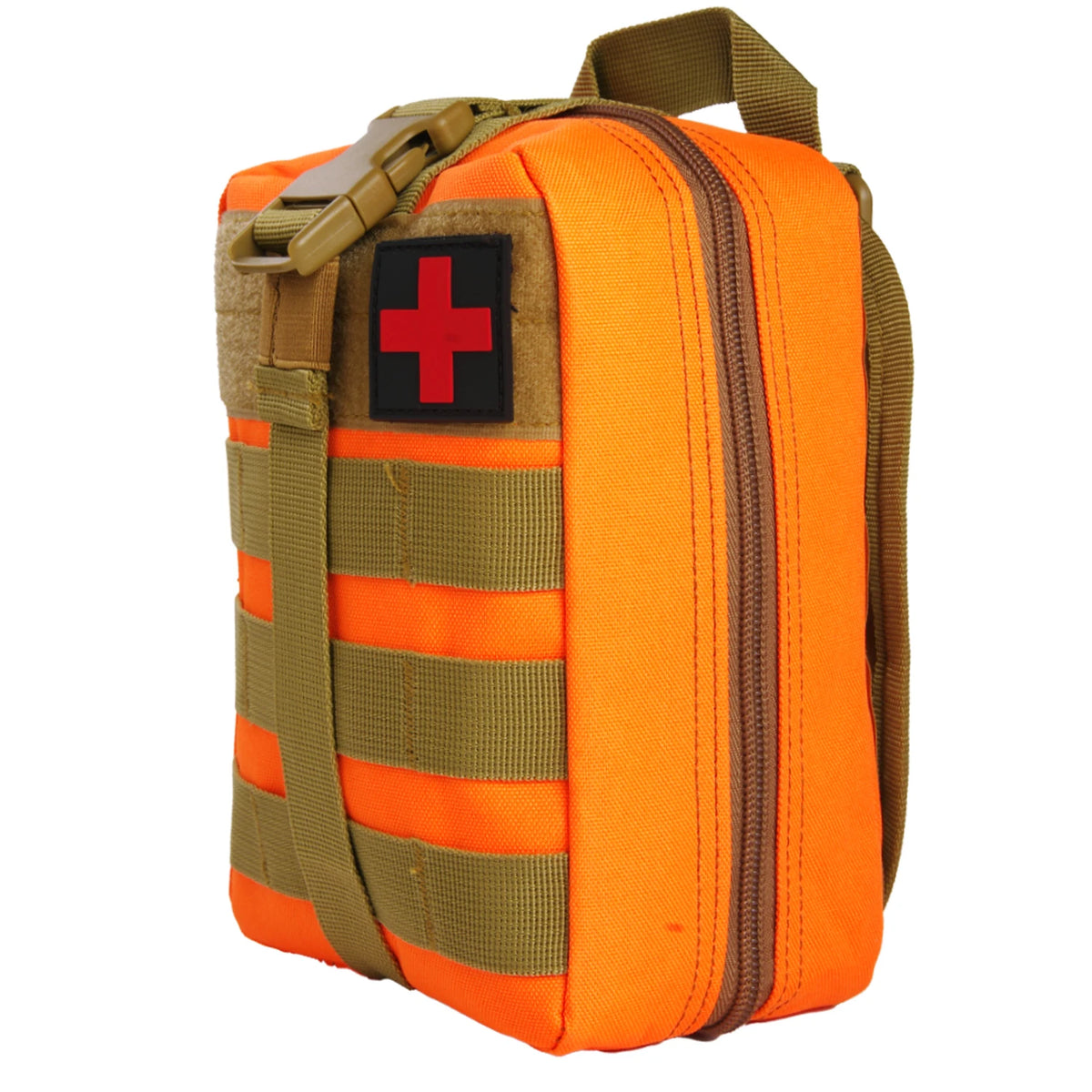 Orange and tan waterproof tactical waist pack first aid kit bag with a red cross emblem