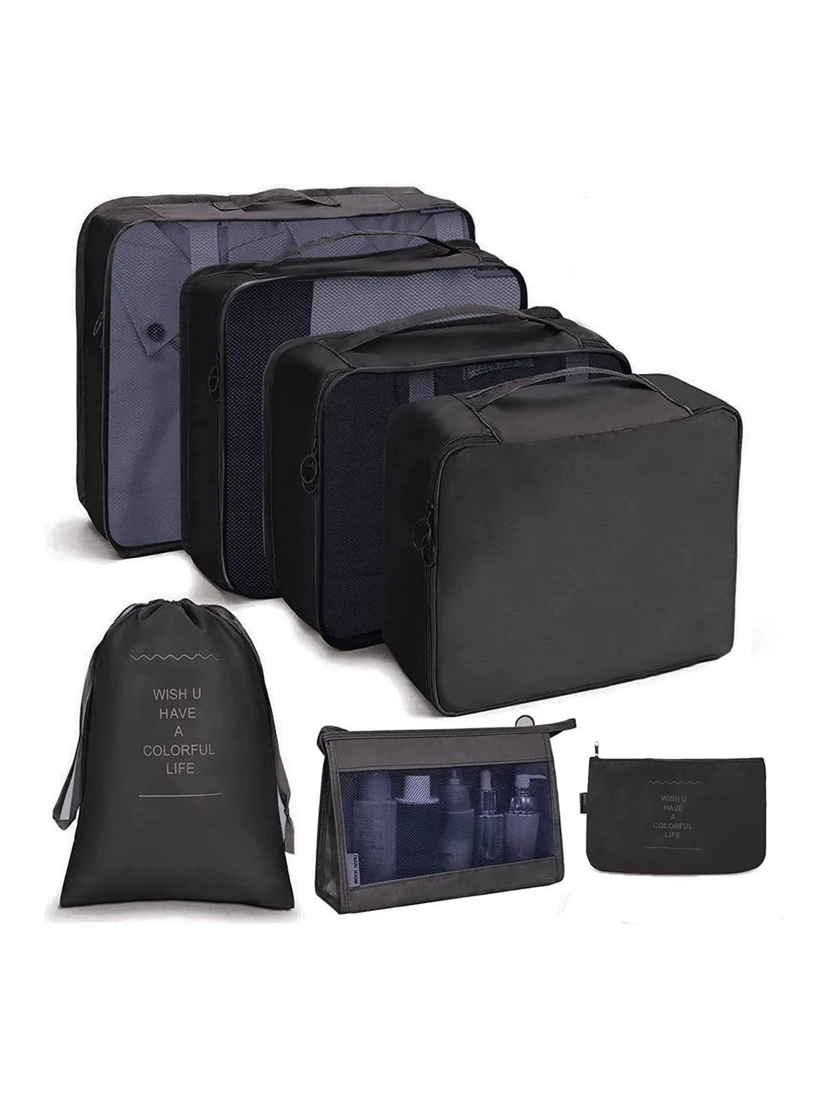 A set of black fabric storage organizers and a mesh pouch for organizing items.