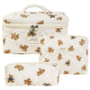 A set of quilted cotton makeup organizers featuring cute bear designs in beige and brown tones.
