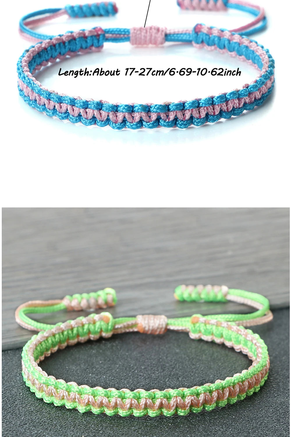Handmade braided rope bracelet featuring pink and green threads, shown on a dark surface.