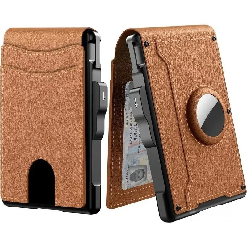 Portefeuille à rabat en fibre de carbone marron-beige avec protection RFID, vu en orientation verticale.