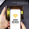 A hand holds a brown leather wallet with an RFID blocking feature, displaying a screen that reads SCAN NO DATA Recognize Noth