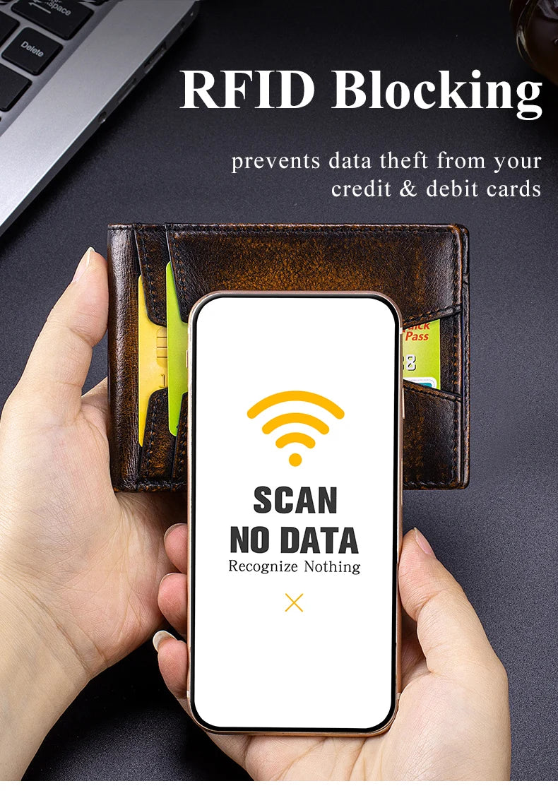 A hand holds a brown leather wallet with an RFID blocking feature, displaying a screen that reads SCAN NO DATA Recognize Noth