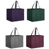 A set of six reusable foldable grocery tote bags in purple, green, and gray fabric.