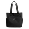 A black nylon shoulder tote bag with padded straps shown from the front.