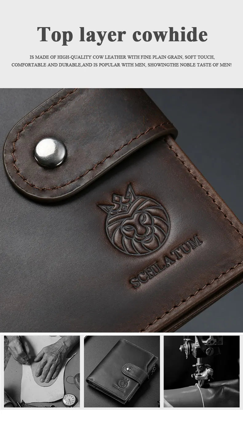 A dark brown leather wallet with an embossed lion head design and stitching.
