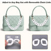 Light green quilted handbag with removable white chain links and a pair of silver-toned chain links.