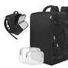 Black 15-inch travel laptop backpack with an attached laptop sleeve and clear plastic organizer trays.