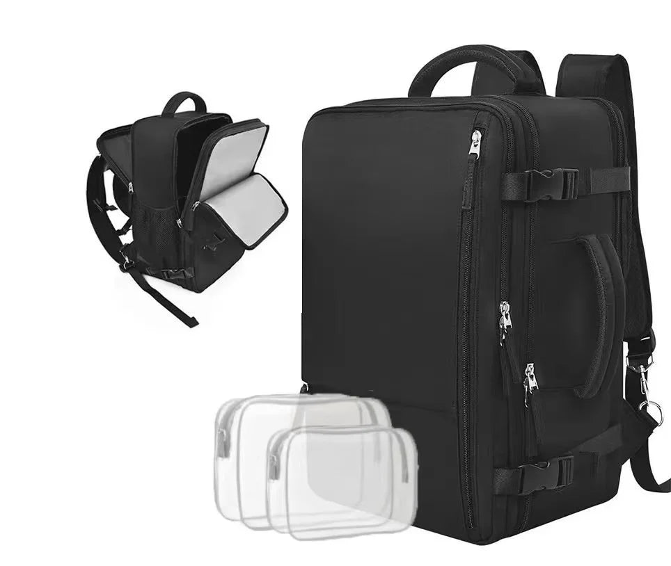 Black 15-inch travel laptop backpack with an attached laptop sleeve and clear plastic organizer trays.