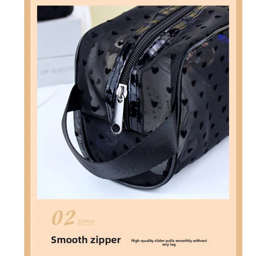Black mesh transparent makeup storage bag with a silver zipper detail