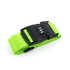 A bright lime green adjustable luggage strap with a black combination lock buckle.