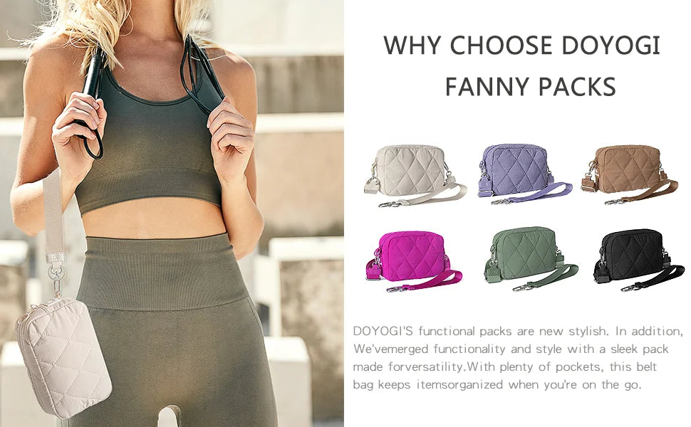 A woman models a grey athletic outfit and a pink quilted nylon wristlet bag.