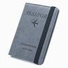 A grey PU leather passport holder with a black accent stripe and the words PASSSPORT and CHARM INFINITE travel wallet printed