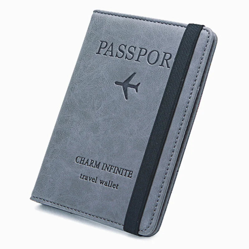 A grey PU leather passport holder with a black accent stripe and the words PASSSPORT and CHARM INFINITE travel wallet printed
