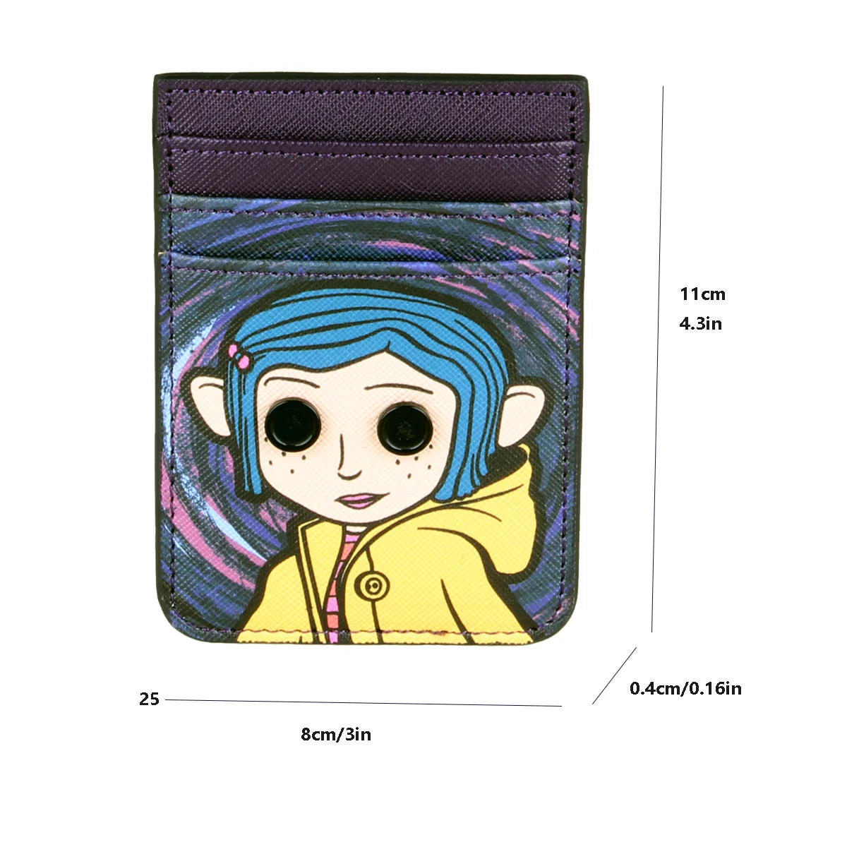 A purple credit card holder featuring an illustration of a blue-haired character in a yellow outfit.