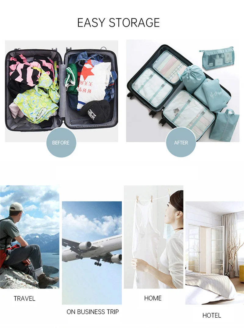 Before and after comparison of a 7-piece folding travel organizer set with storage bags for easy storage.
