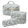 A set of quilted cotton makeup organizers featuring a delicate floral pattern in white and blue.