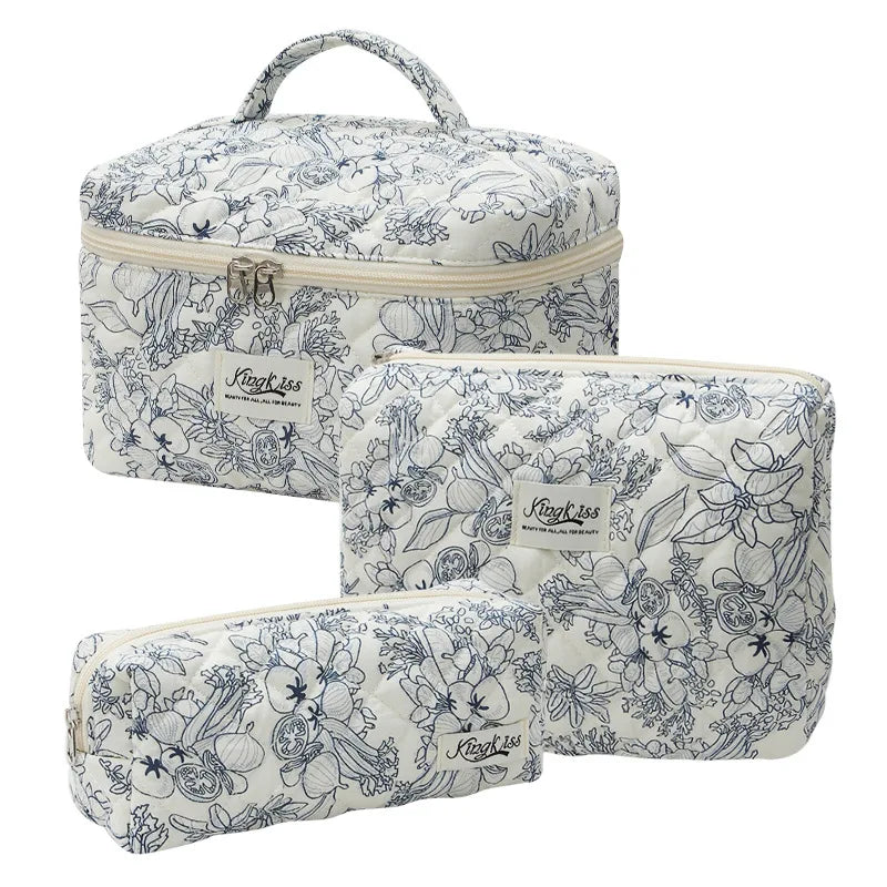 A set of quilted cotton makeup organizers featuring a delicate floral pattern in white and blue.