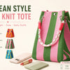 A pink and green striped knit tote bag with a white cord handle is shown next to various daily essentials.