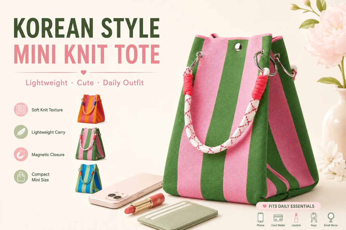 A pink and green striped knit tote bag with a white cord handle is shown next to various daily essentials.