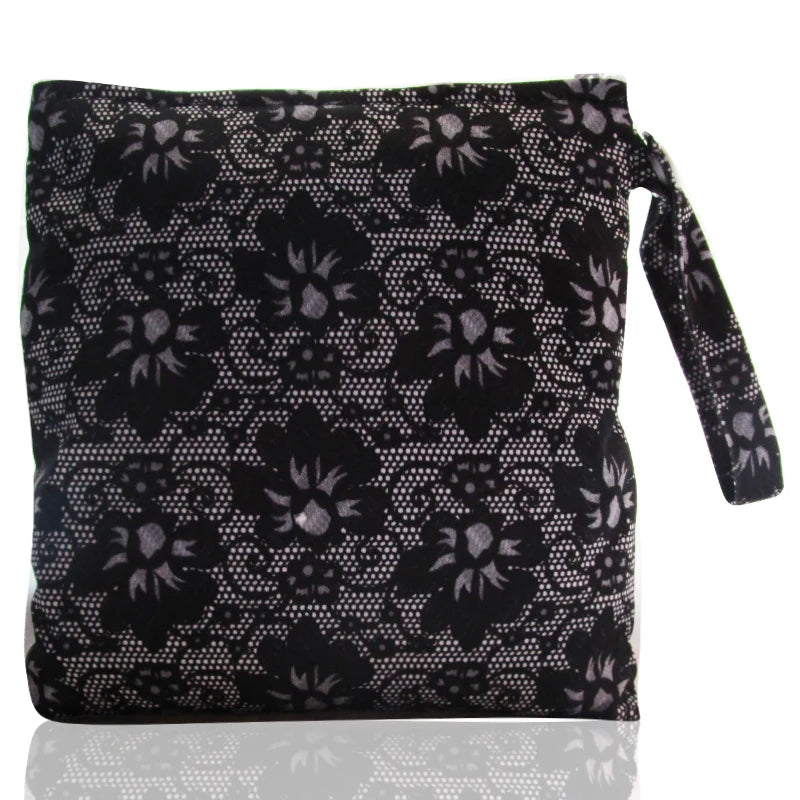 Black patterned reusable waterproof snack bags with a zipper closure