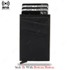 Black card holder with a bottom button for RFID blocking features