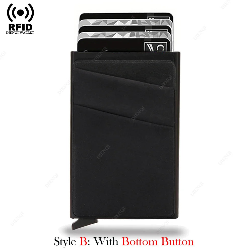 Black card holder with a bottom button for RFID blocking features