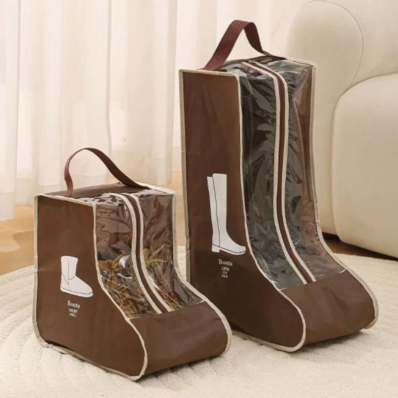 A brown portable waterproof boot storage bag with a dark lining is shown on a light rug.