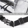 Close-up view of a clear PVC waist bag with adjustable black strap and hardware details.