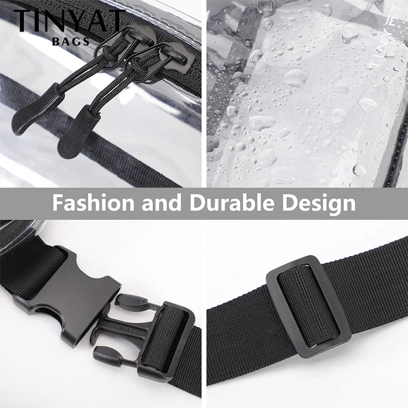 Close-up view of a clear PVC waist bag with adjustable black strap and hardware details.