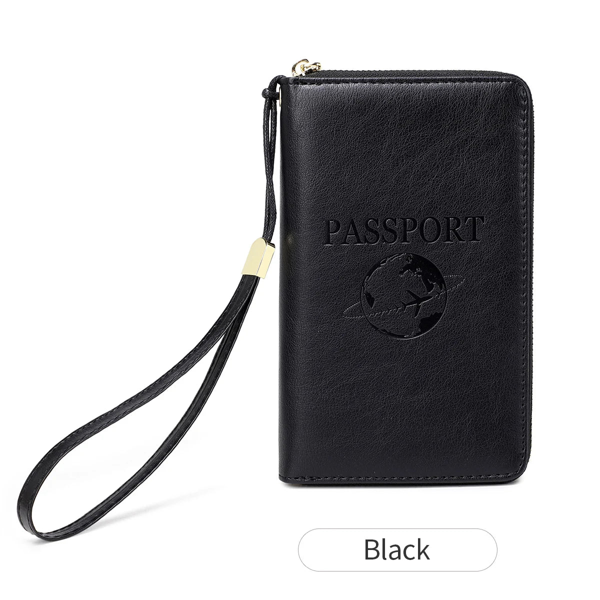 Black RFID blocking travel passport holder with a leather strap and gold accent.