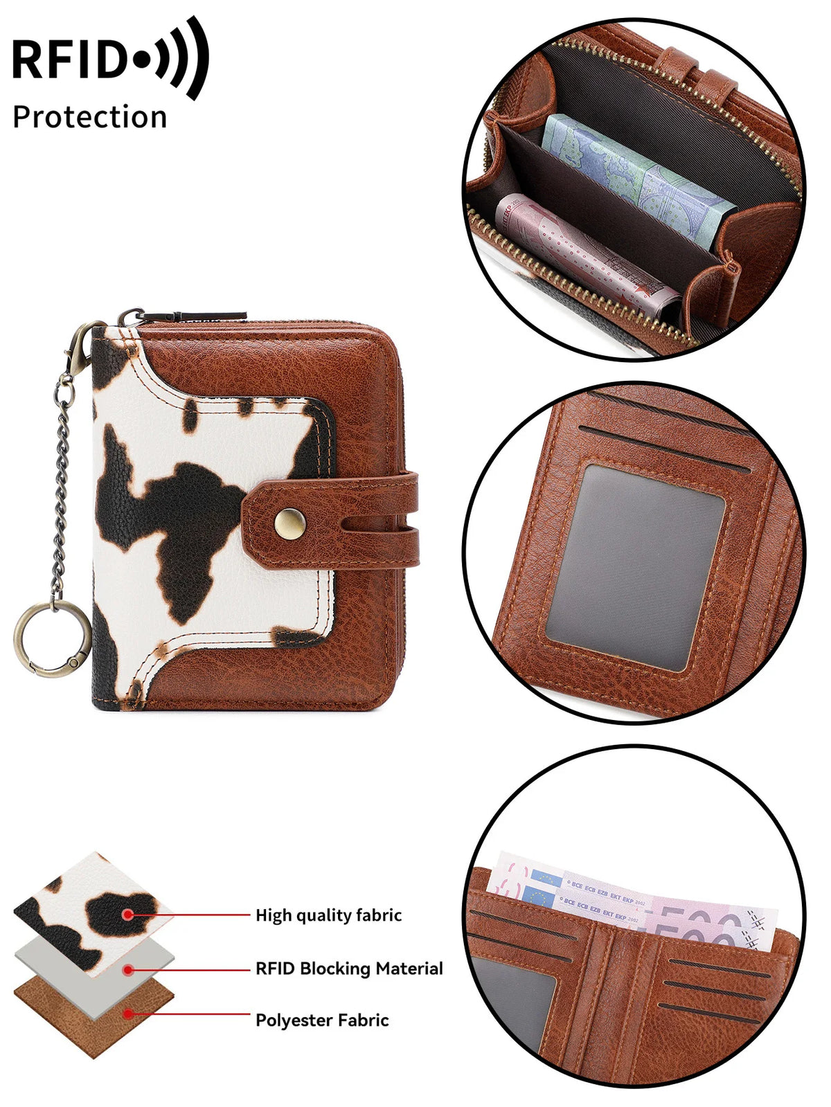 A brown leather bifold wallet with a white cow print cover and RFID blocking material.