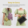 A woman is shown carrying a purple reusable eco tote shopping bag and a yellow pouch in her green dress.