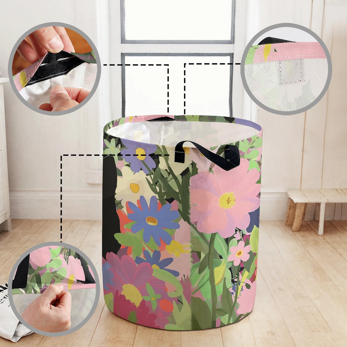 A foldable storage basket filled with flowers and foliage, shown from various angles.