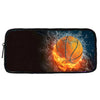 A black laptop sleeve featuring a glowing orange basketball surrounded by electrical sparks and flames.