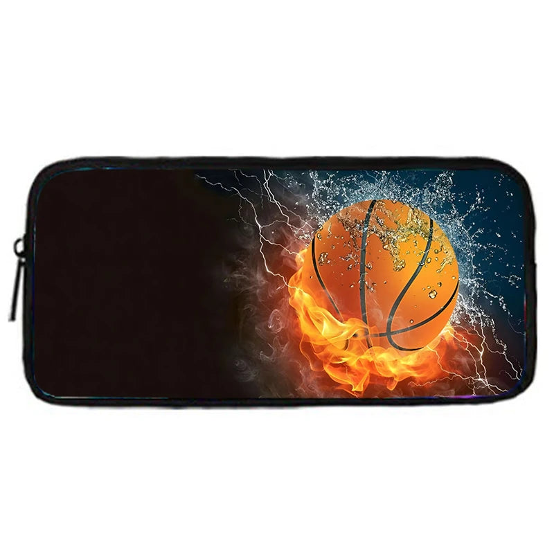 A black laptop sleeve featuring a glowing orange basketball surrounded by electrical sparks and flames.