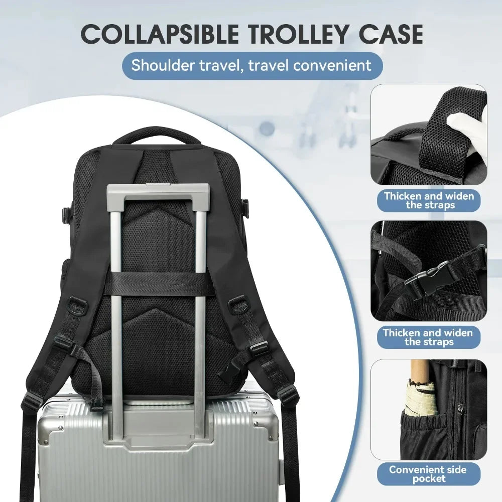 Collapsible trolley case backpack in black with a silver frame and a convenient side pocket