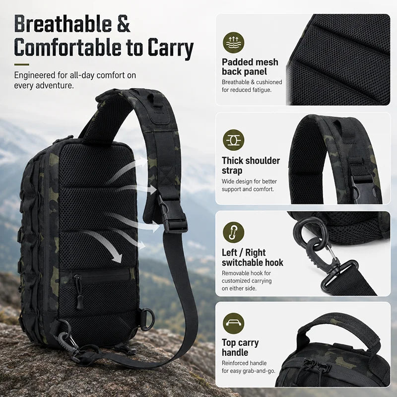 Black breathable and comfortable sling bag with padded mesh back panel and thick shoulder strap