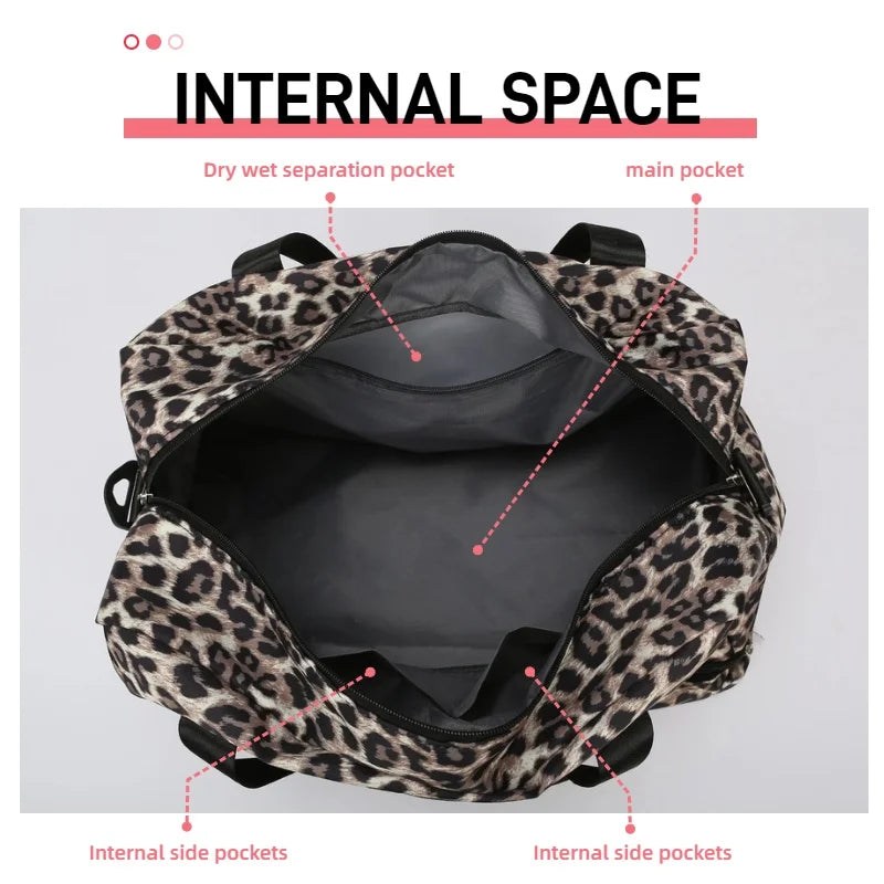 Internal view of a leopard print travel duffel bag showing various pockets including a dry wet separation pocket and main poc