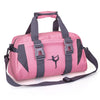 A pink and gray water-resistant travel duffel bag with shoulder straps and a handle.