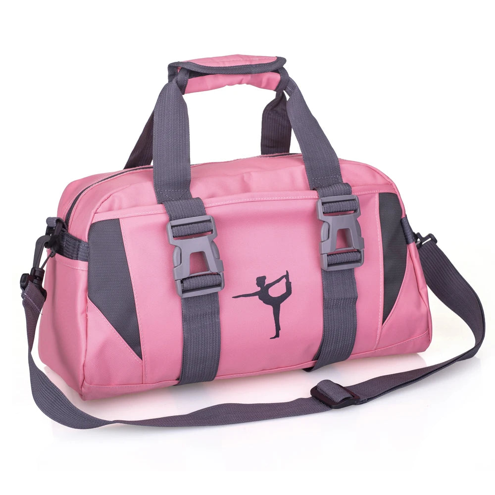 A pink and gray water-resistant travel duffel bag with shoulder straps and a handle.