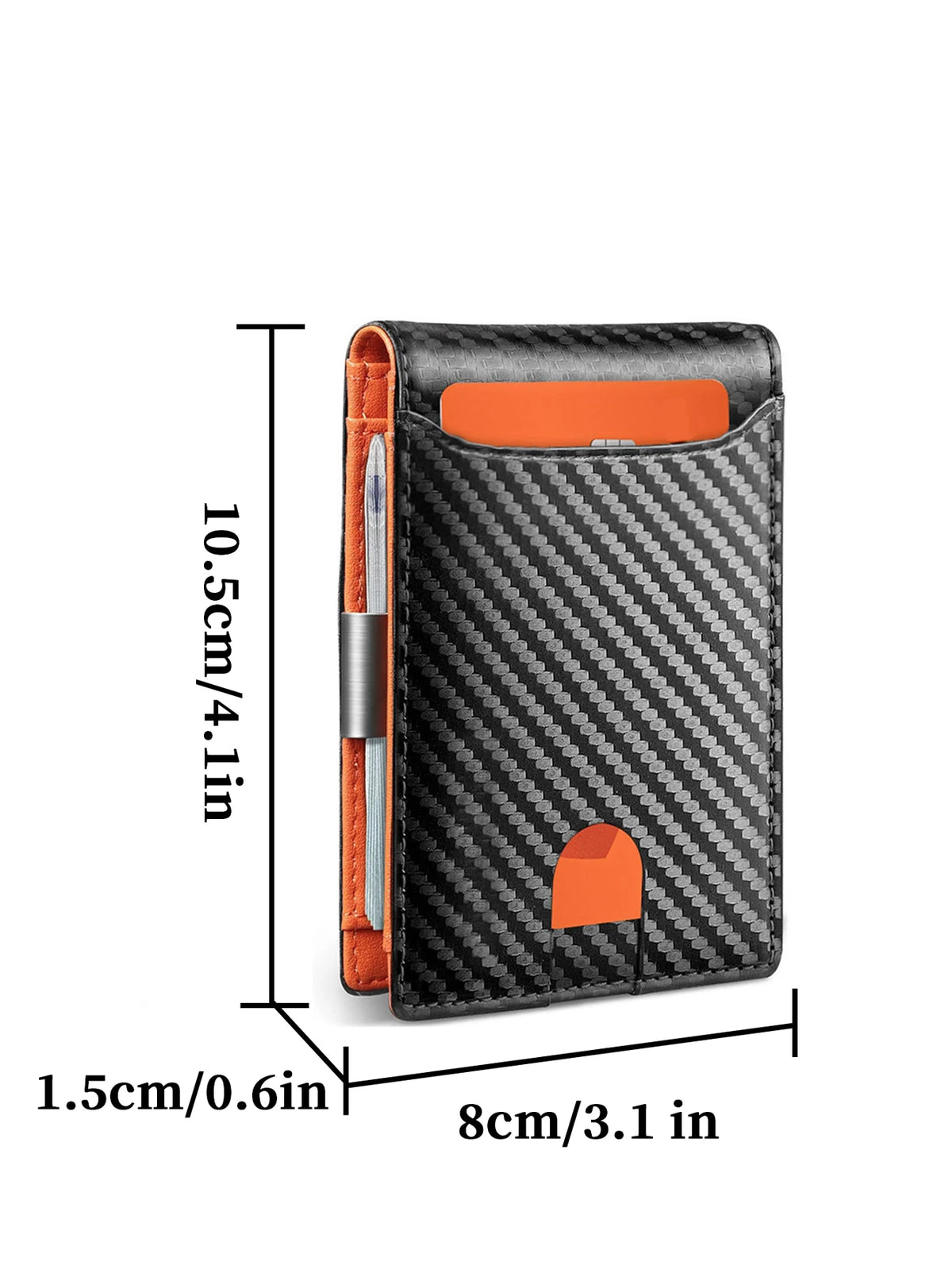 A black men's carbon fiber microfiber wallet shown with dimensions of 10.5cm by 8cm.